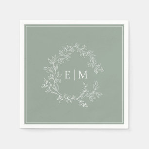 Serviette En Papier Cimier feuillu vert Sage moderne Monogramme Mariag