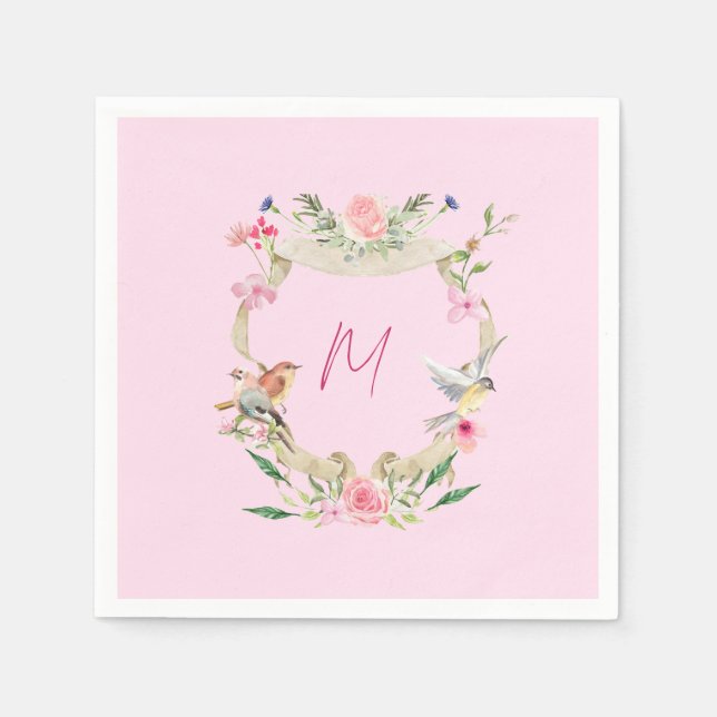 Serviette En Papier Cimier Floral Monogramme rose (Devant)