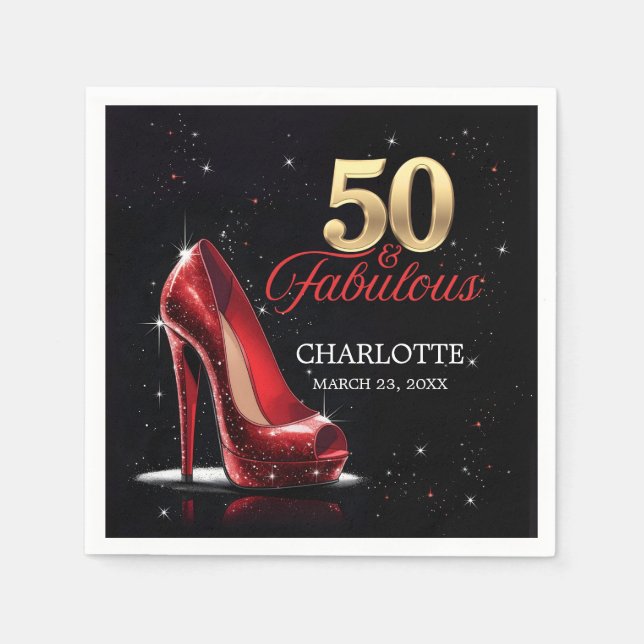 Serviette En Papier Cinquante 50 & Fabuleux BIRTHDAY Red Gold High Hee (Devant)