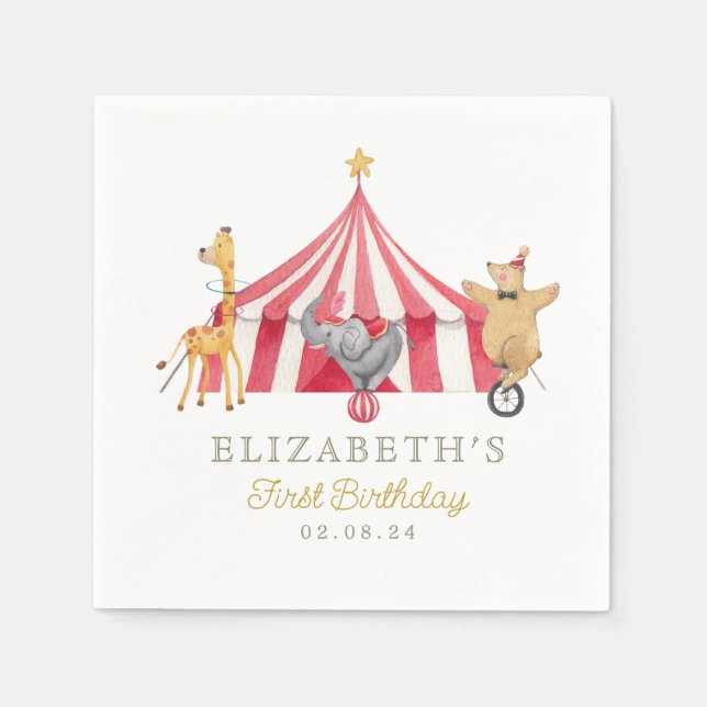Serviette En Papier Cirque Aquarelle Anniversaire animaux mignons (Devant)