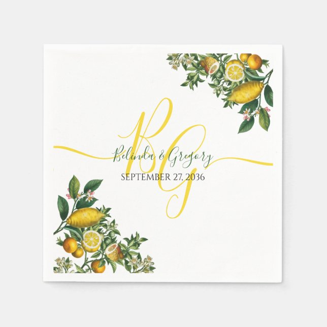 Serviette En Papier Citron jaune rustique et feuillage Mariage de verd (Devant)