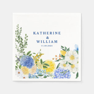 Serviette En Papier Citron méditerranéen mariage bleu et jaune fleuri