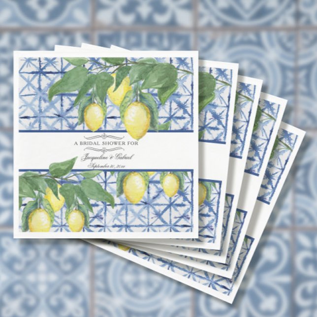 Serviette En Papier Citron vert Floral Bleu Blanc Élégant Mariage (Créateur téléchargé)