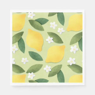 Serviette En Papier Citrons et fleurs blanches sur Arrière - plan vert