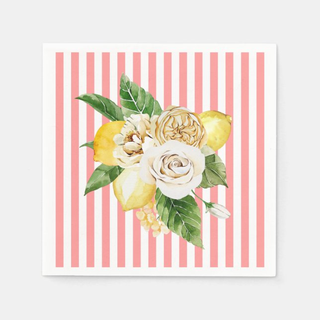 Serviette En Papier Citrons et roses à rayures roses (Devant)
