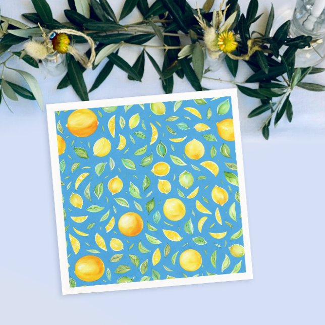Serviette En Papier Citrons jaunes mignons motif aquarelle turquoise (Créateur téléchargé)