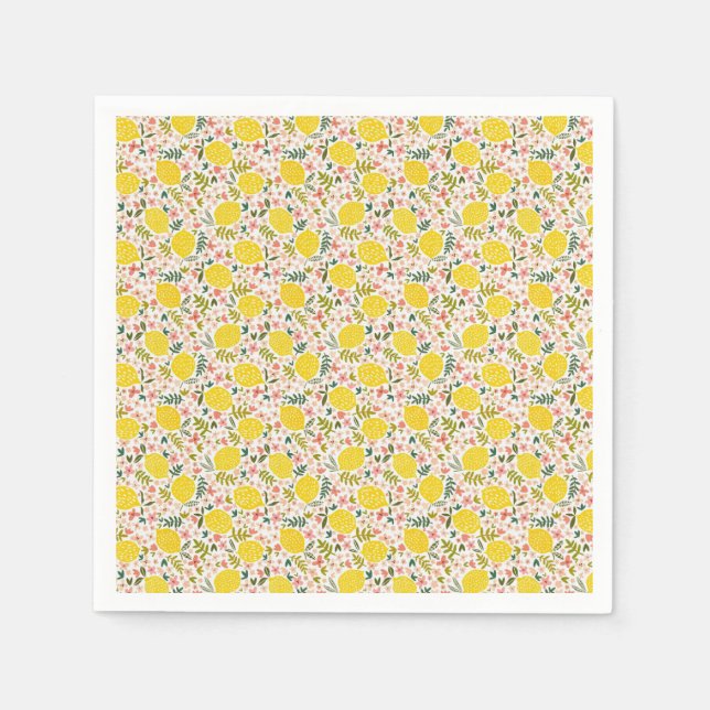 Serviette En Papier Citrons jaunes modernes avec fleurs roses (Devant)