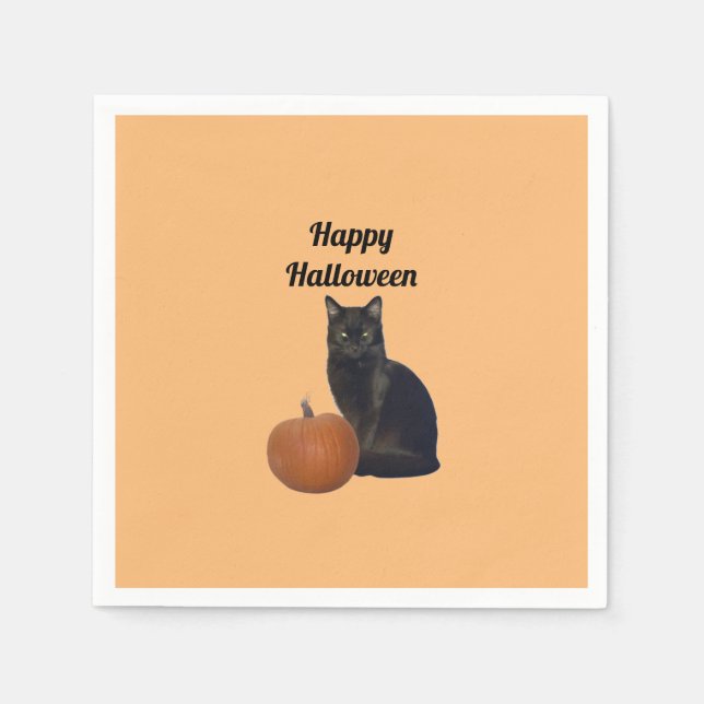 Serviette En Papier Citrouille avec Chat Noir Joyeux Halloween Orange (Devant)