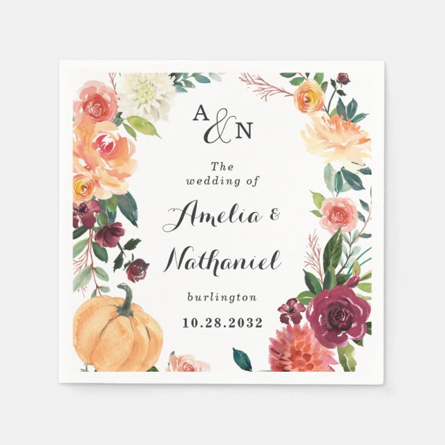 Serviette En Papier Citrouille Élégant Automne Floral Rustique Thème M (Devant)