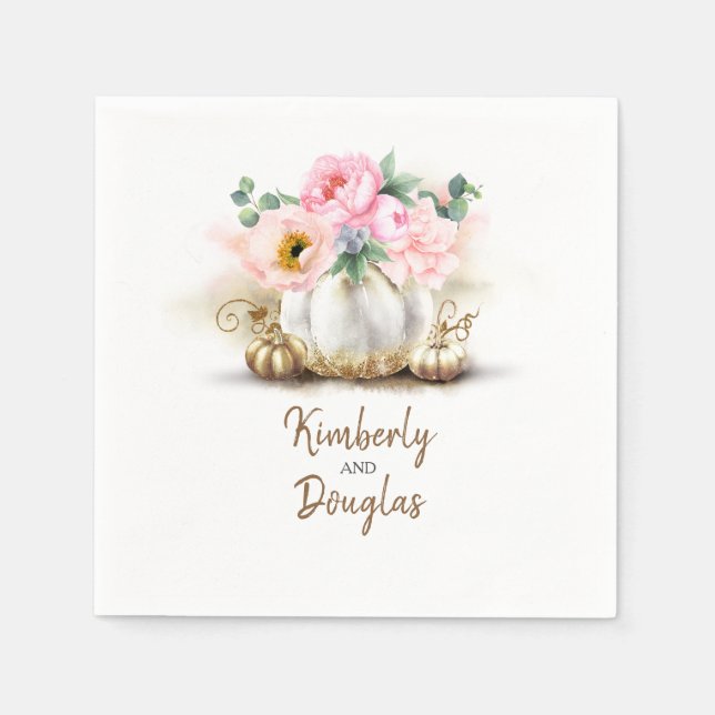 Serviette En Papier Citrouille or et fleurs roses Chute rustique (Devant)