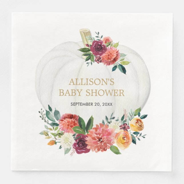 Serviette En Papier Citrouilles blanches florales or burgundy (Devant)