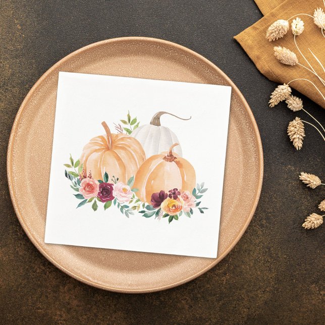 Serviette En Papier Citrouilles de chute d'aquarelle et fleurs de saum (In situ)