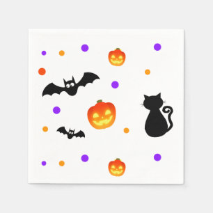 Serviette En Papier Citrouilles d'Halloween, chauves-souris et chat en