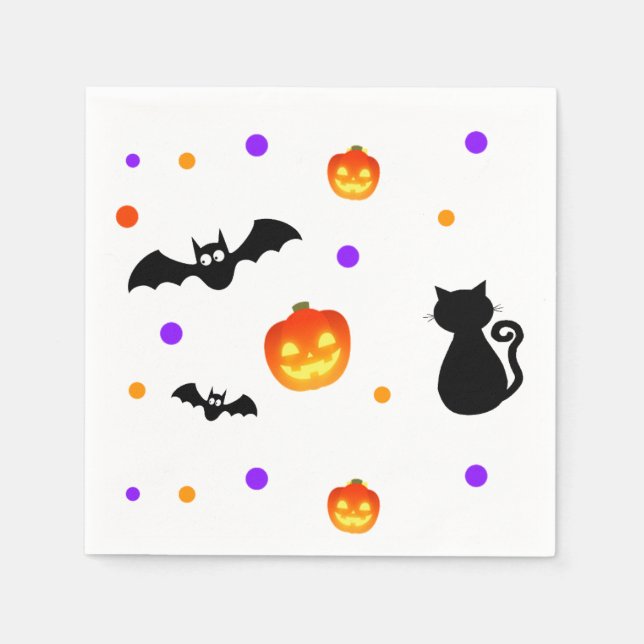 Serviette En Papier Citrouilles d'Halloween, chauves-souris et chat en (Devant)