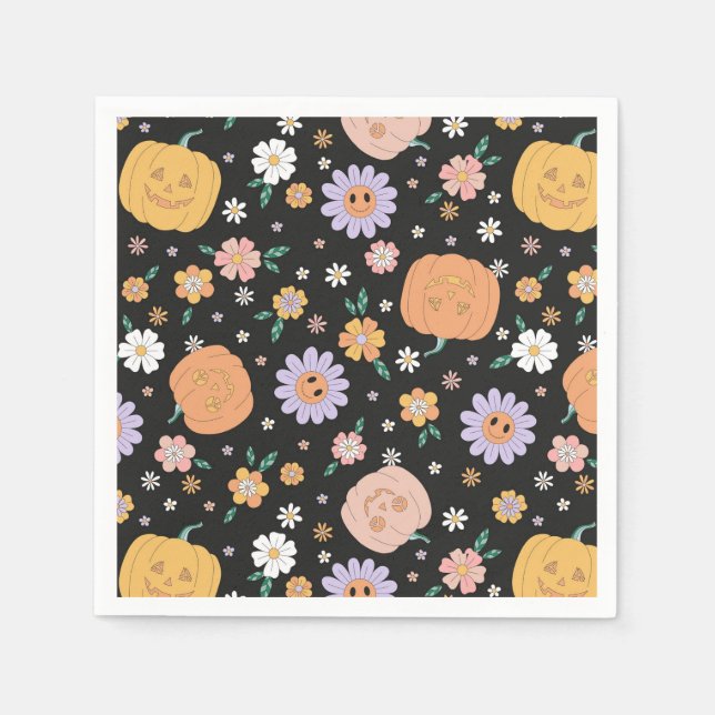 Serviette En Papier Citrouilles d'Halloween rétro et Motif de fleurs (Devant)