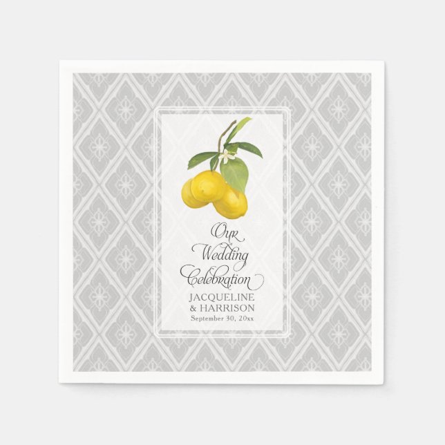 Serviette En Papier Citrus citron Floral gris jaune Mariage blanc (Devant)