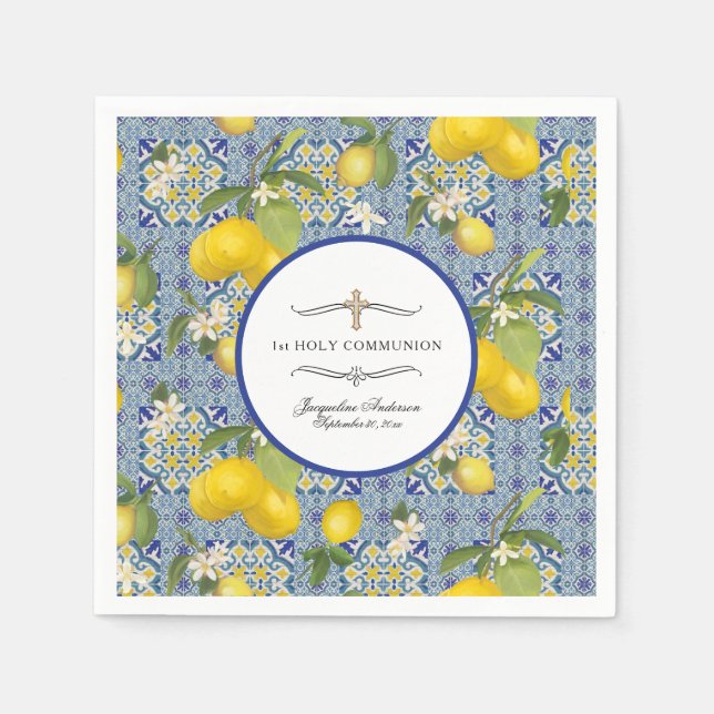 Serviette En Papier Citrus floral citron feuillage 1ère communion bleu (Devant)
