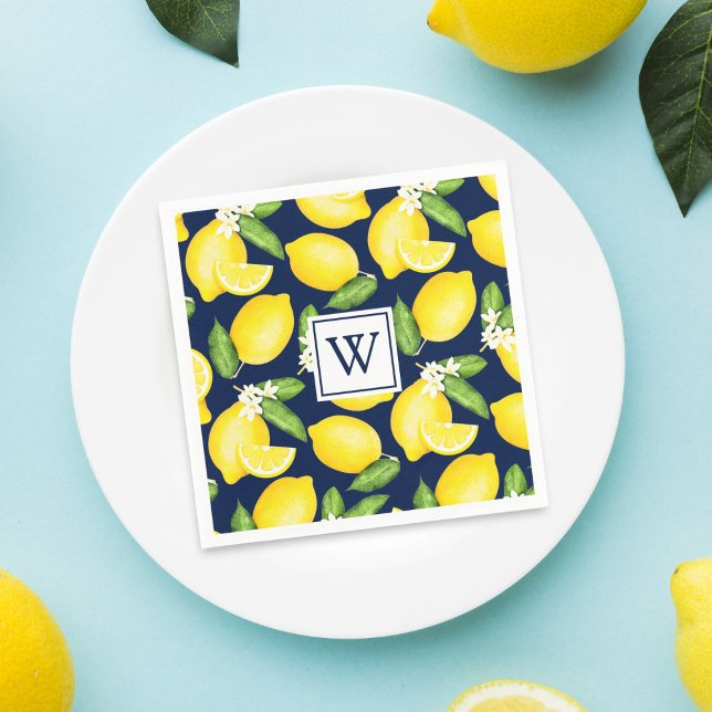 Serviette En Papier Citrus Lemon Navy Blue Monogram Napkins (Créateur téléchargé)