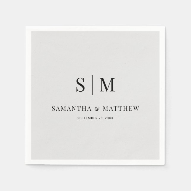 Serviette En Papier Clair Gris Simple Élégant Couple Initiales Mariage (Devant)