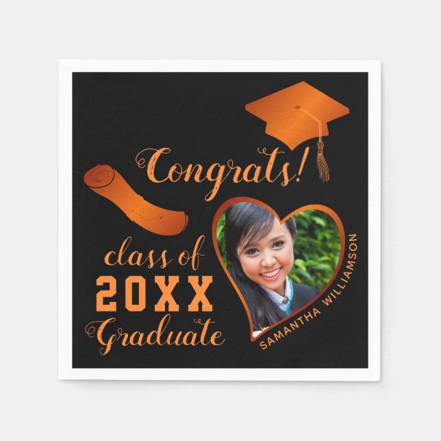 Serviette En Papier Classe 2025 Grad Photo Black and Orange Graduation (Devant)