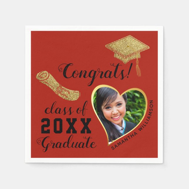 Serviette En Papier Classe 2025 Grad Photo Red Black Gold Graduation (Devant)