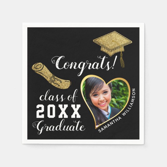 Serviette En Papier Classe Black White Gold 2025 Grad Photo Graduation (Devant)