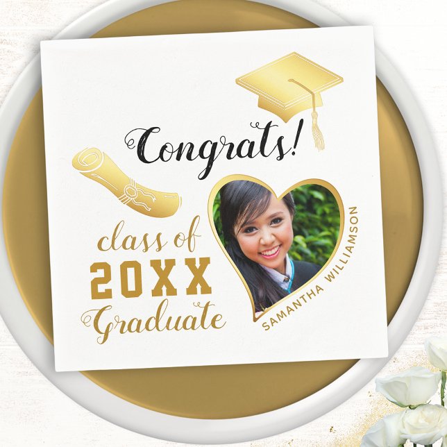 Serviette En Papier Classe blanche et or 2025 - Diplôme photo (Créateur téléchargé)