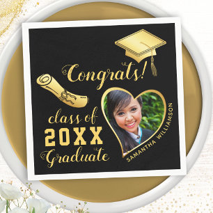 Serviette En Papier Classe de 2024 Grad Photo Black and Gold Graduatio