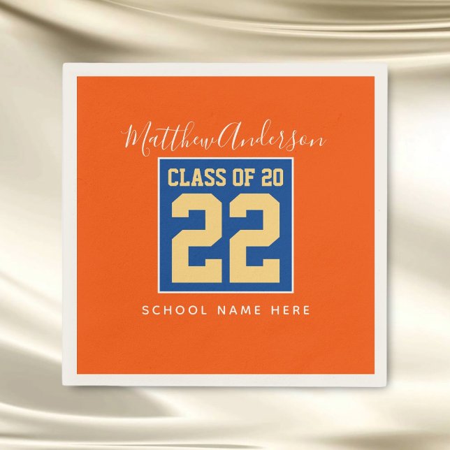Serviette En Papier Classe de 2024 Orange Blue & Gold Graduation Party (Créateur téléchargé)