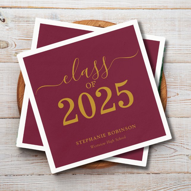 Serviette En Papier Classe de 2025 Gold Maroon Graduation Party (Créateur téléchargé)