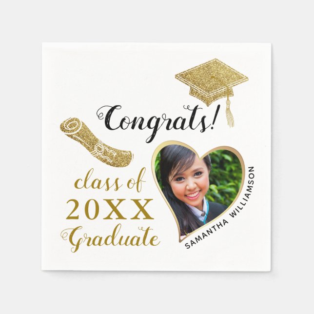 Serviette En Papier Classe de 2025 Grad Photo White et Gold Graduation (Devant)