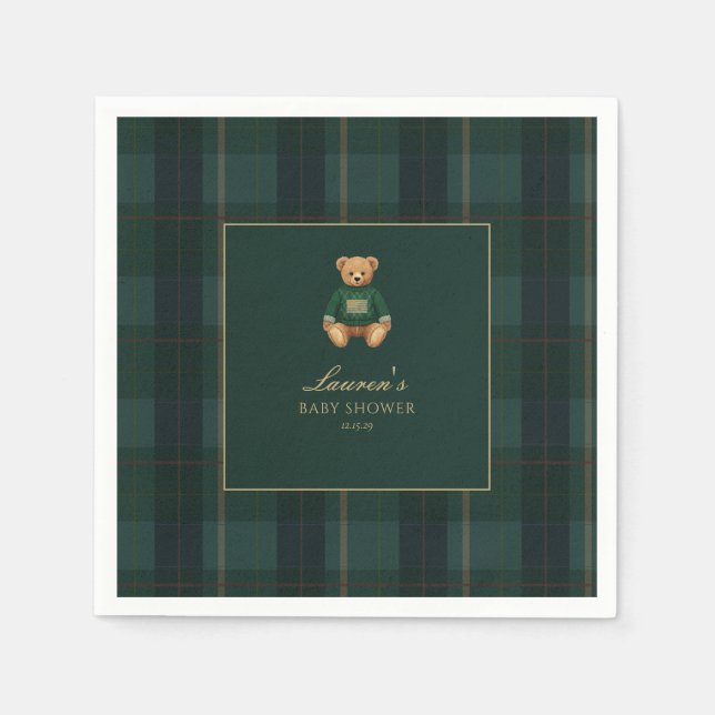 Serviette En Papier Classic Green Plaid Bear Baby Shower  (Devant)