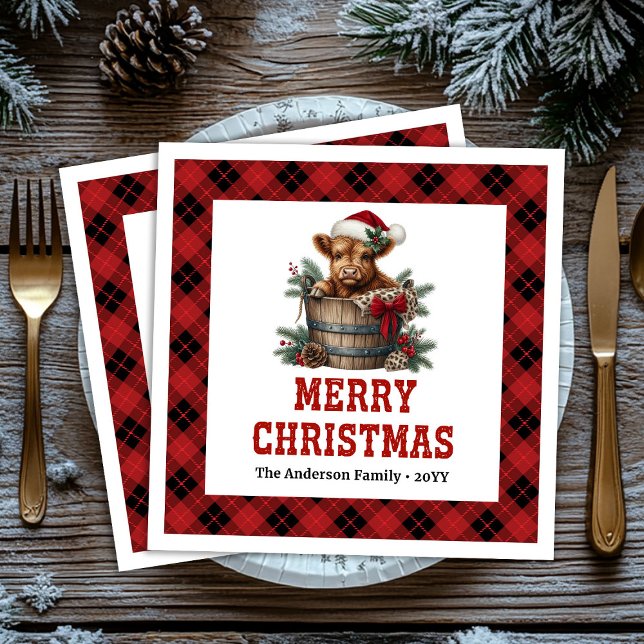 Serviette En Papier Classic highland cow Christmas napkins red black  (Classic highland cow Christmas napkins red black plaid joy

)