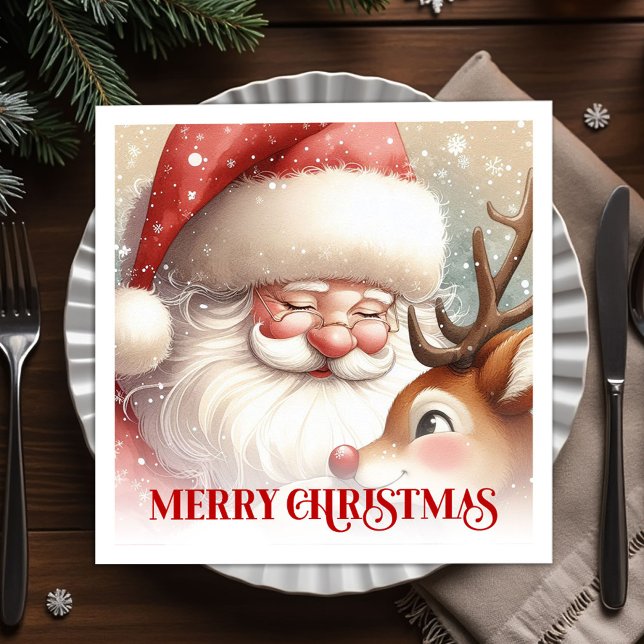 Serviette En Papier Classic Santa and Rudolph Christmas Party Dinner  (Classic Santa and Rudolph Christmas Party Dinner Napkins

)