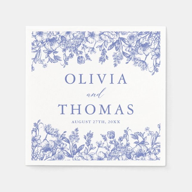 Serviette En Papier Classique Elegant Victorien Bleu Floral Mariage (Devant)