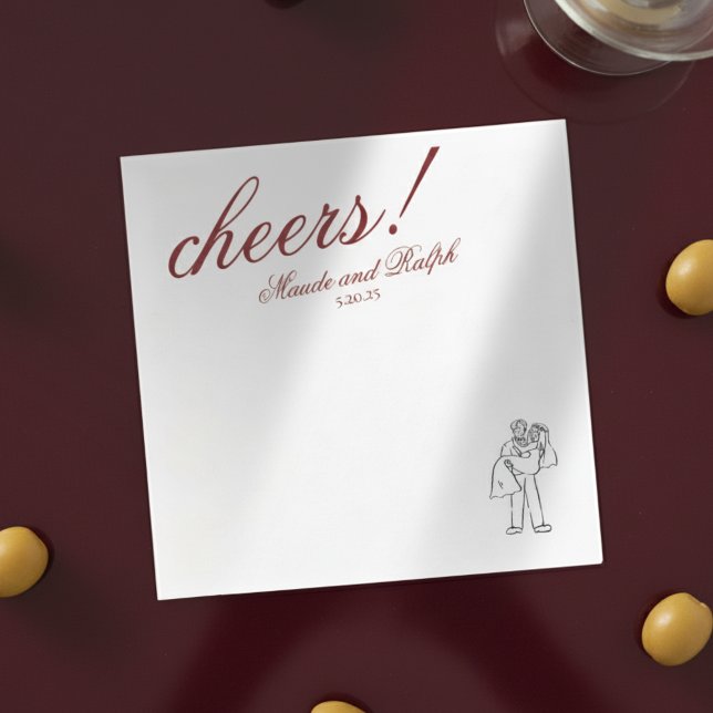 Serviette En Papier Classique Rouge Cheers Élégant Mariage personnalis (Add a refined pop of personality to your reception with this Old Money Bold Red “Cheers!” Napkins!)
