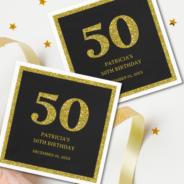 Serviette En Papier Classy Black and Gold Parties scintillant 50e fête (Classy Black And Gold Glitter 50th Birthday Party paper napkins)
