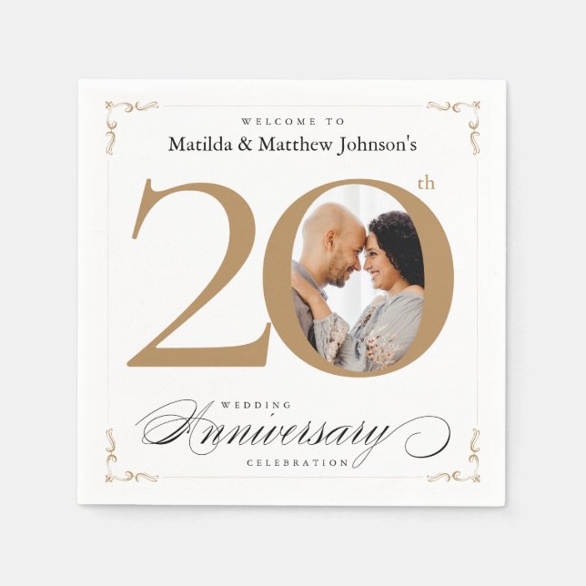 Serviette En Papier Classy Calligraphie 20e Anniversaire Or blanc (Devant)