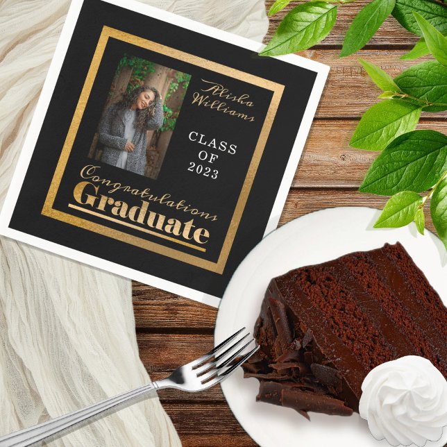Serviette En Papier Classy Elegant Gold Texte Diplômé Photo Noir (Créateur téléchargé)