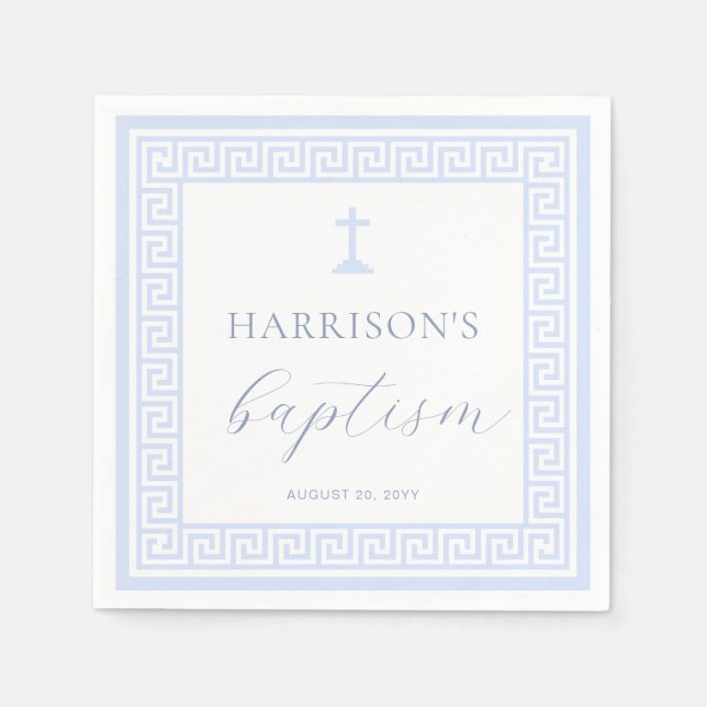 Serviette En Papier Clé grecque Baptême Bleu Blanc (Devant)