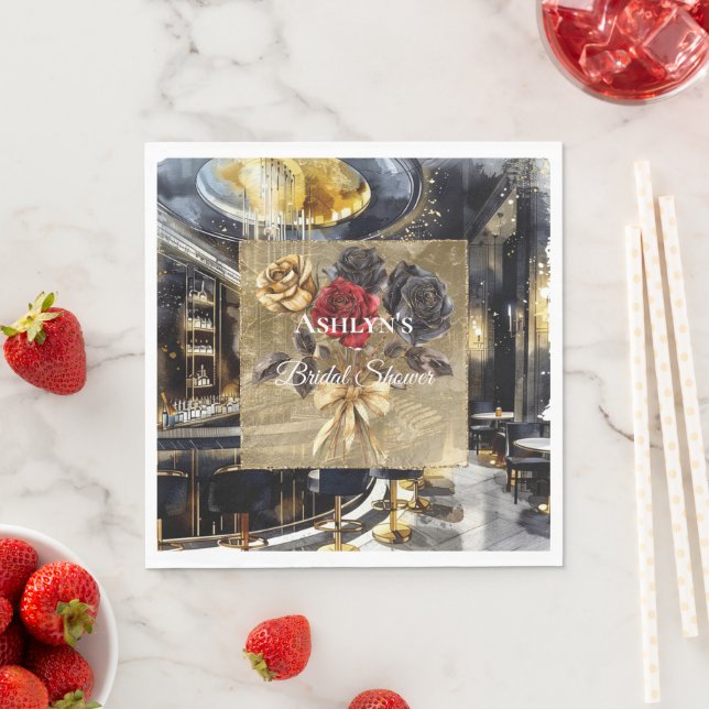 Serviette En Papier Club de Nuit Fleur Mariage Noir Or Rouge  (En situation)