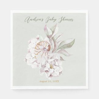 Serviette En Papier Coastal Watercolor Shells and Floral Baby Shower