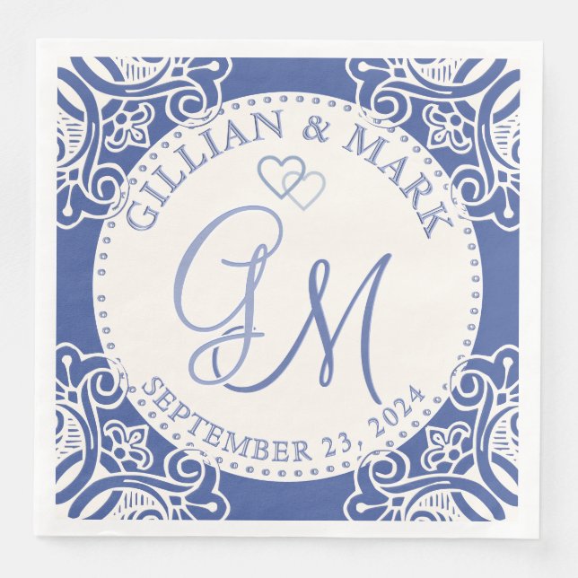 Serviette En Papier Cobalt et Mariage de sable monogramme (Devant)