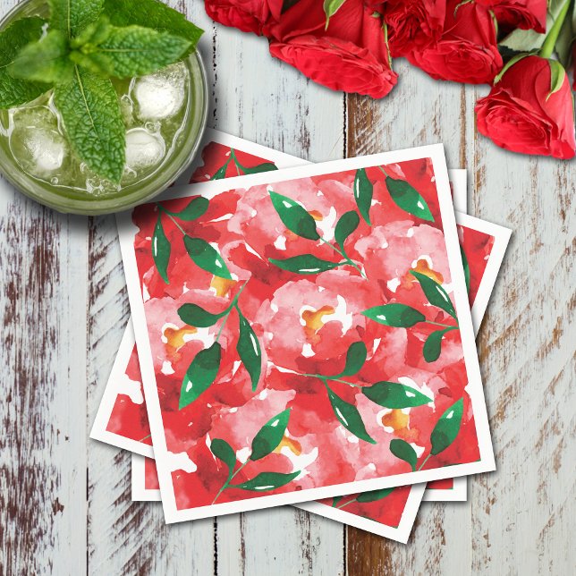 Serviette En Papier Cocktail en papier floral de roses rouges (Red roses collage floral cocktail napkins)
