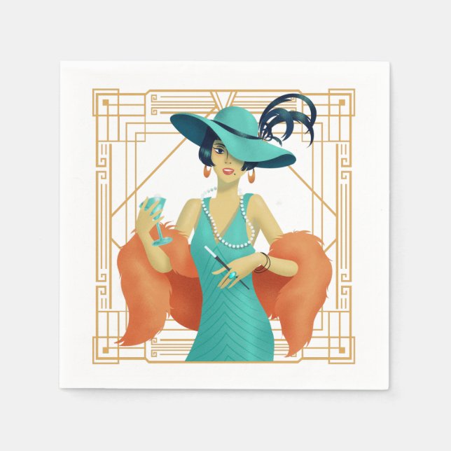 Serviette En Papier Cocktail Glam Lady Art Déco Gold Frame des années  (Devant)