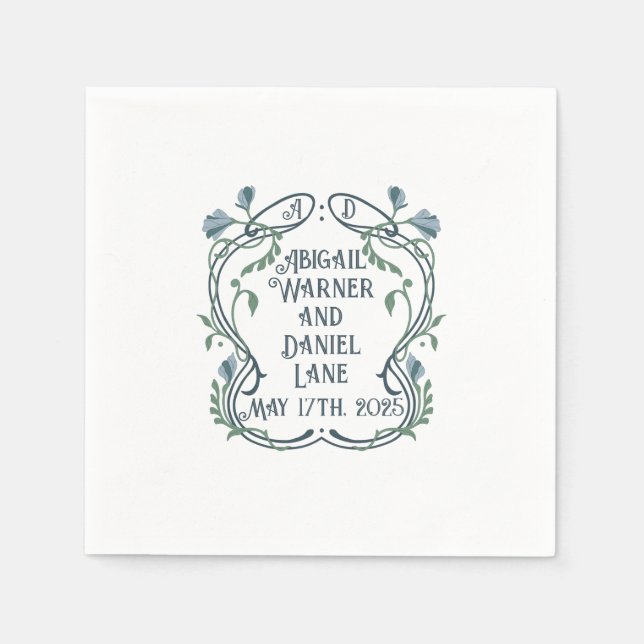Serviette En Papier Cocktail Mariage Art Nouveau Blue-Green (Devant)