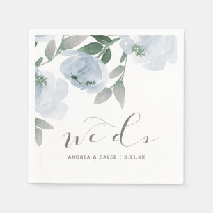 Serviette En Papier Cocktail mariage Dusty Blue Grey Aquarelle Florale