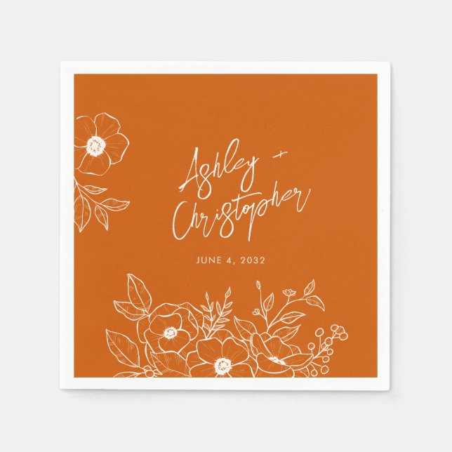 Serviette En Papier Cocktail Mariage orange végétal minimal (Devant)