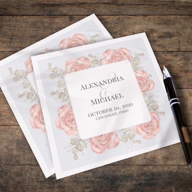 Serviette En Papier Cocktail mariage Personnalisé Elegant Boho (Custom wedding napkin with elegant blush pink roses and foliage. )