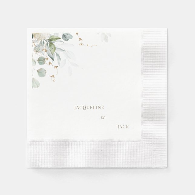 Serviette En Papier Cocktail Mariage personnalisé Eucalyptus blanc (Devant)